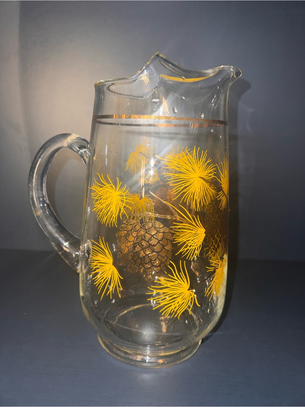 MCM Clear Glass Pitcher with Yellow Pinecone Motif